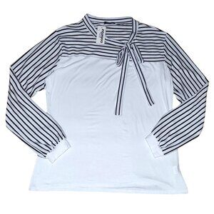 🔥Sale - Women's Black and White Striped Bow Tie Long Sleeve Top Size XXXL